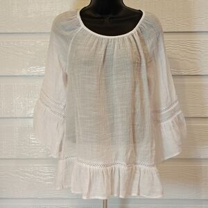 Counterparts Top Size S White Crochet Inlay Bell Sleeve Boho Peasant Blouse